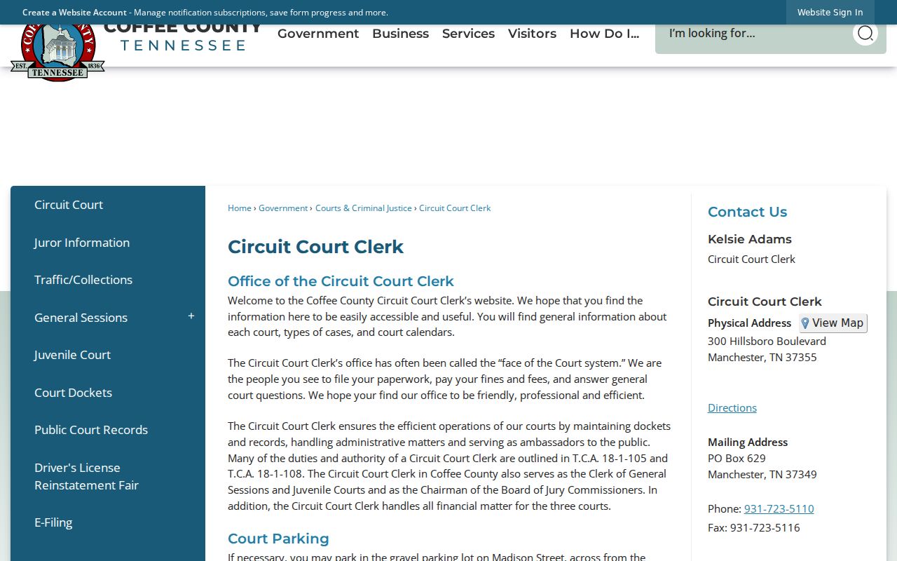 Coffee County active warrant records: Circuit Court Clerk contact page