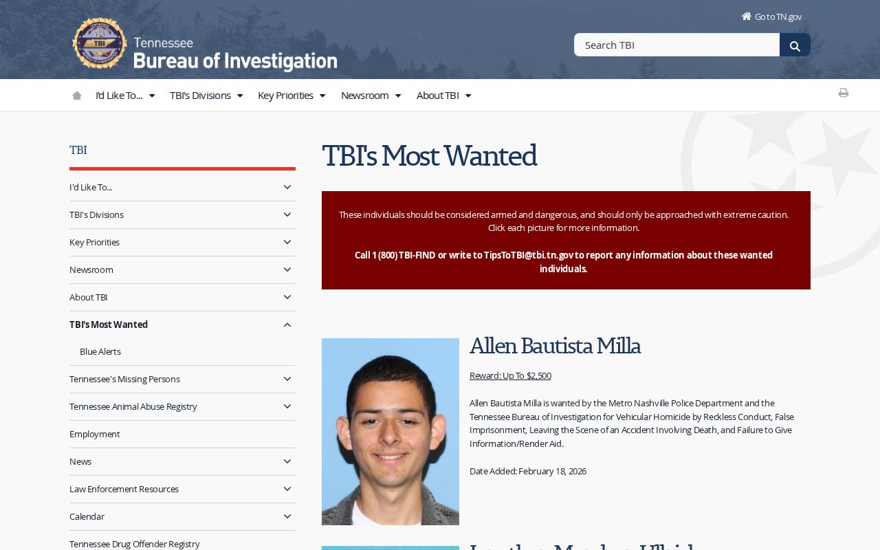 Coffee County Most Wanted records: TBI program header and information