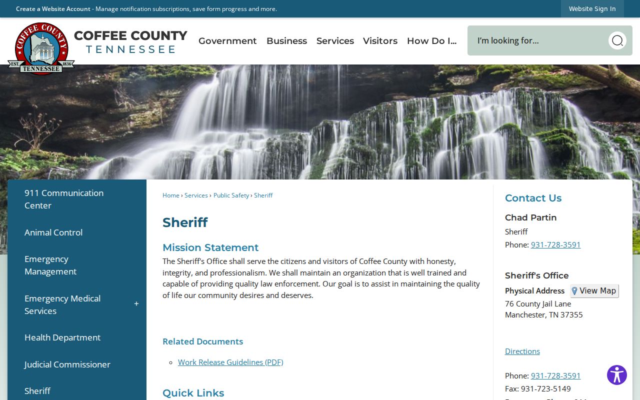 Coffee County warrant records: official sheriff contact page